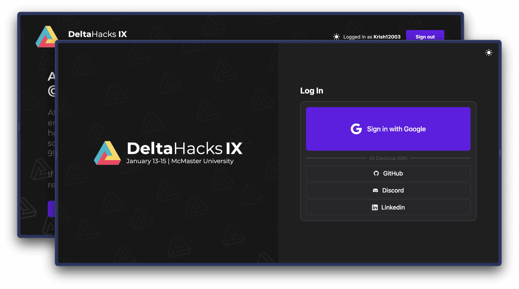 A screenshot of the DeltaHacks portal.